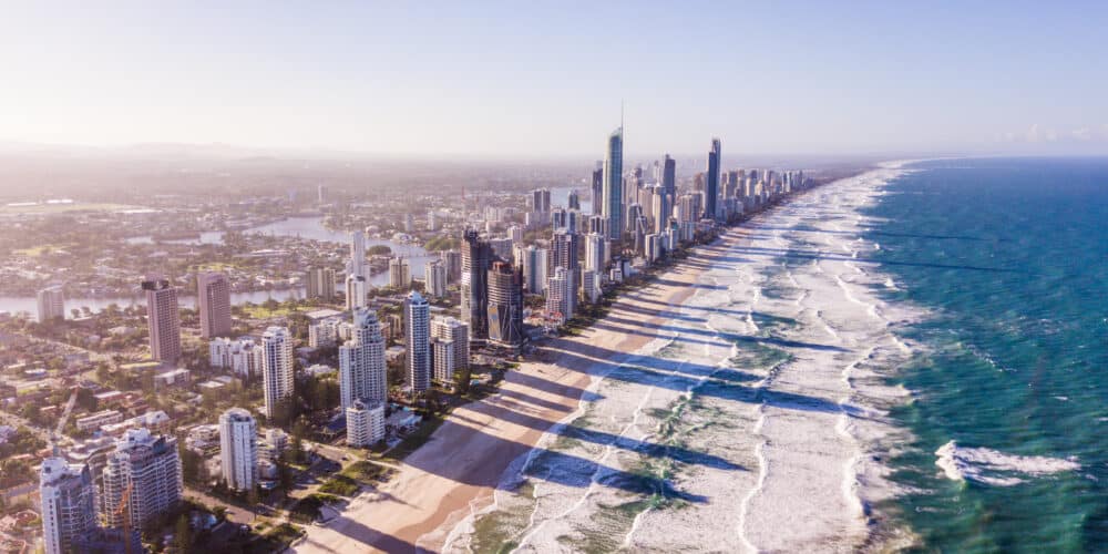 Ariel view of the Gold Coast city. Shows high rise buildings on the coastline.